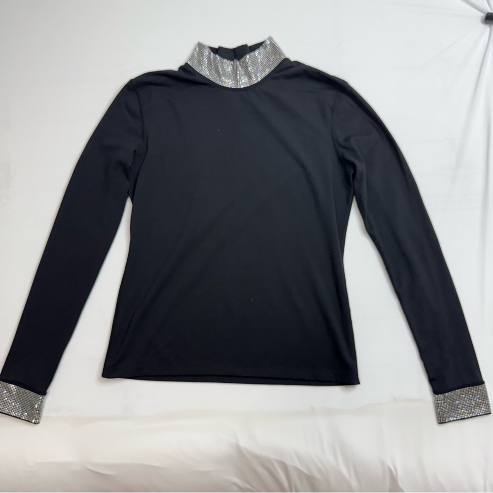 Carbon38 Rhinestone Mock Neck Long Sleeve Black Nylon-Spandex Top - Picture 2 of 9
